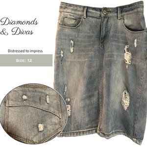 Diamond & Divas: Distressed Low Rise Denim Midi Pencil Skirt